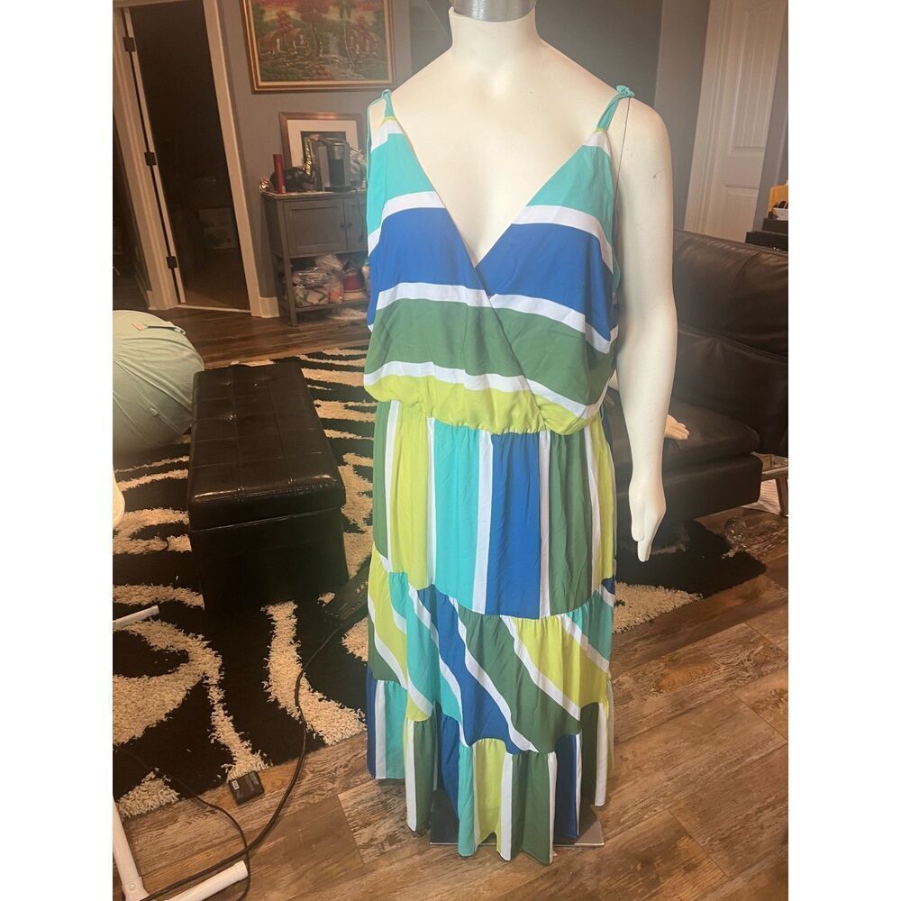 Ashley Stewart Blue Yellow Stripe Woman Maxi Dress Clothes
